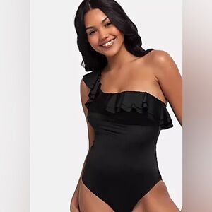 DKNY One-Shoulder Black Ruffle Swimsuit